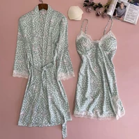 sexy kimono bathrobe gown v neck spaghetti strap nightgown printed wedding 2pcs robe set loose bridal lace trim sleepwear