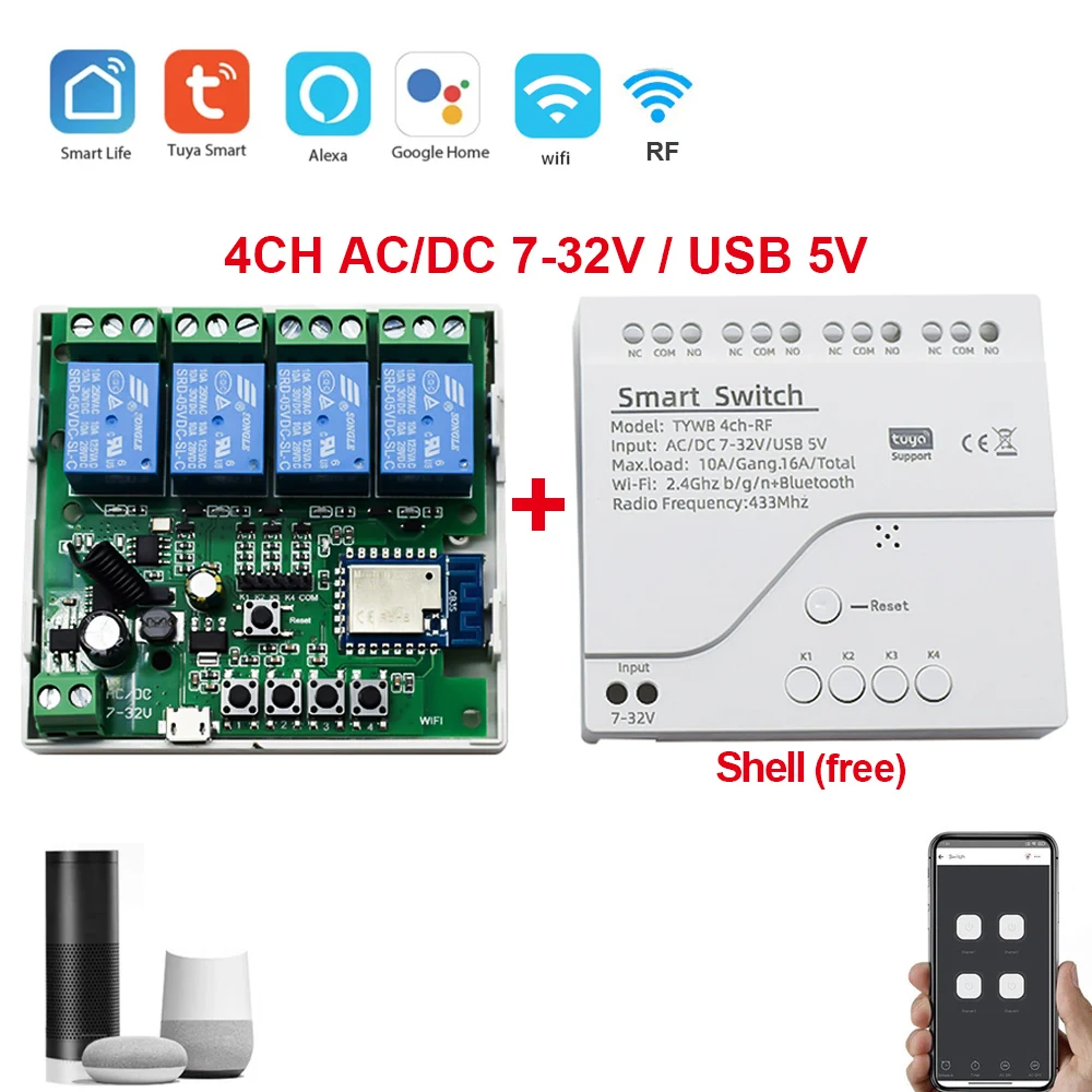 

Смарт-выключатель Tuya 4ch с функцией включения и выключения, Rf433mhz 10a
