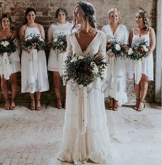 

Country Style Wedding Dresses With Long Sleeve Sexy V Neck Backless Chiffon Lace Bohemain Wedding Dress 2020 Hippie Civil Bride