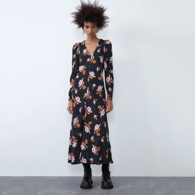 Женское платье с длинным рукавом ZA свободное элегантное шикарное цветочным