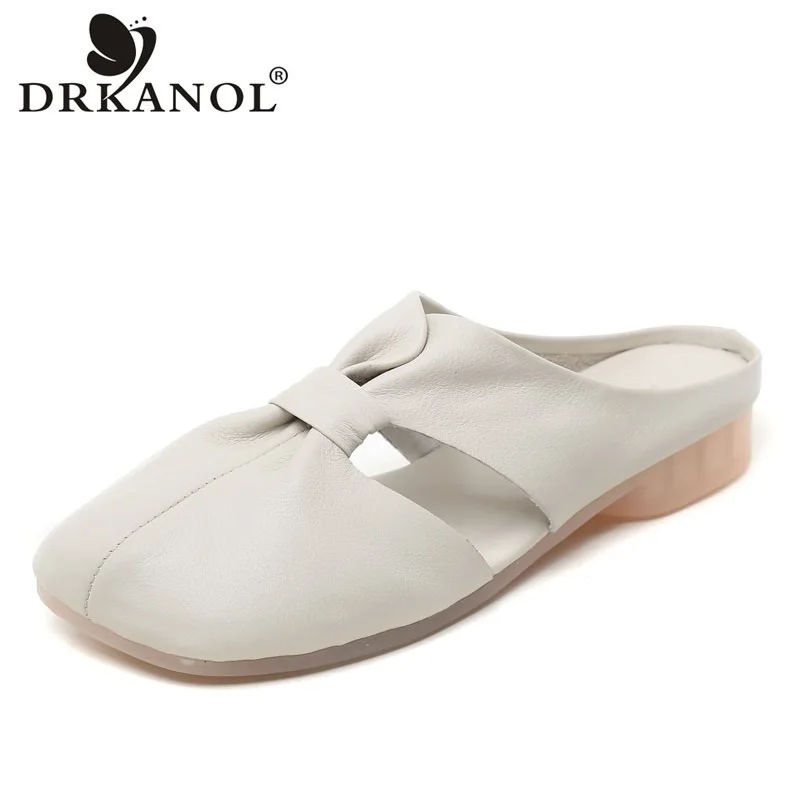 

DRKANOL Fashion Summer Women Slippers 2021 High Quality Genuine Leather Slip On Flat Slippers Outside Soft Bottom Casual Slides