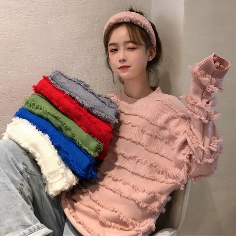 

New Sweet Sweater Women 6 Color Loose Round Neck Fashion Tassel Pullover Sweater Top Women Flat Knitted Sweater Fall 2020 Women