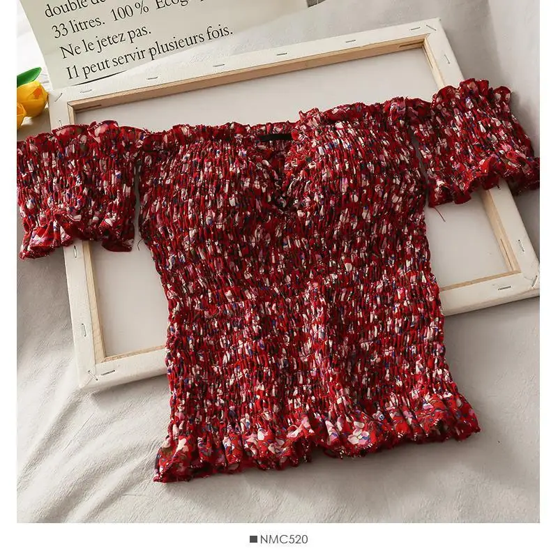 

Blouse Women Vintage Printed Pleated off-the-Shoulder Top Women's Skinny Short Small Shirt Summer Blusas Ropa De Mujer