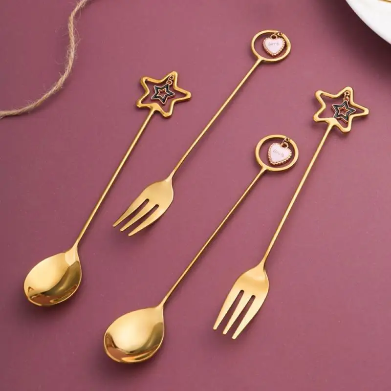 

304 Heart Star Pendant Tableware Stainless Steel Coffee Spoon Dessert Spoon Fork With Pretty Pendant Watermelon Ice Cream Spoon