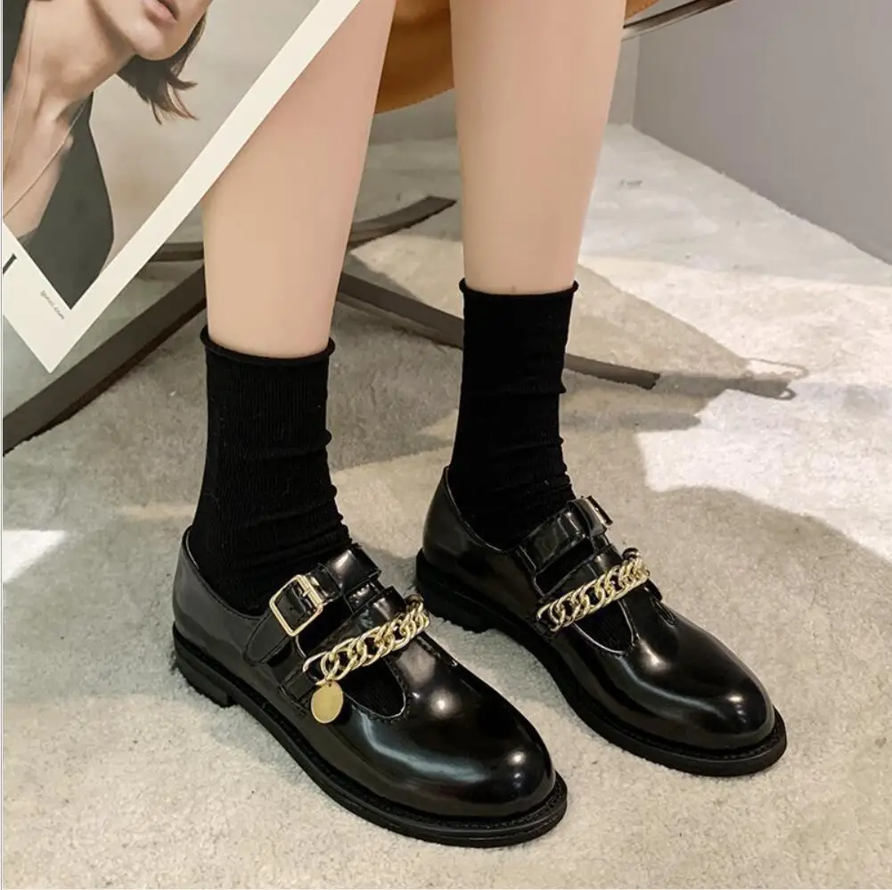 

British Metal Chain Small Leather Shoes Women's Platform Flat Shoes 2021 New Retro Girl Black Thick-Soled Mary Jane Uniform Shoe