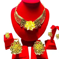 Yulaili Chinese Design Womens Gold-color Double Happiness Big Flower Necklace Bracelet Earrings Ring Dubai Jewelry Sets