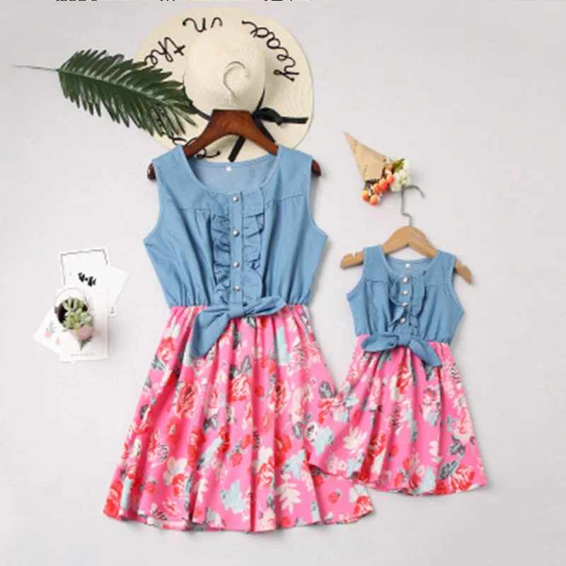Summer Mother Daughter Dresses Sleeveless Mommy And Me Family Matching Clothes Kids Girl Ruffles Floral Patchwork Mini Dress | Мать и
