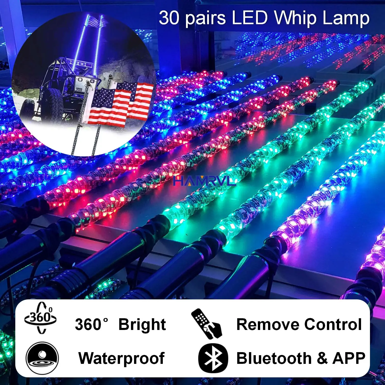 

30x2 LED Flagpole Lamp 2/3/4/5FT Spiral LED Whip Waterproof Remote APP Car Atmosphere Lamp Exterior Bendable for Truck UTV RZR