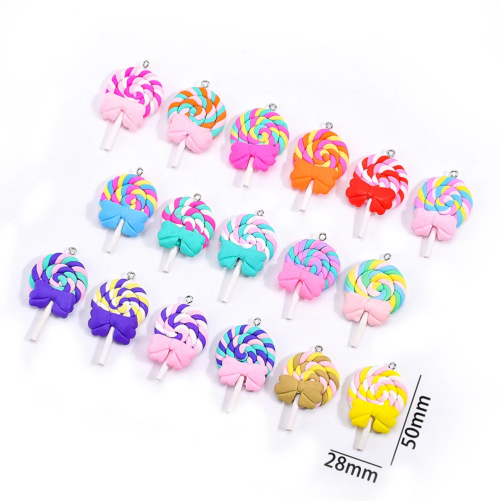 

10Pcs/lot Cute Candy Bow Lollipop Charm Ornament DIY Accessories Fimo Polymer Soft Clay lucky Pendant For Jewelry Making Supplie
