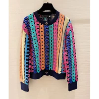high end 21 winter runway women knitted cashmere cardigans fashion designer chic long sleeve round neck rainbow letter jacket