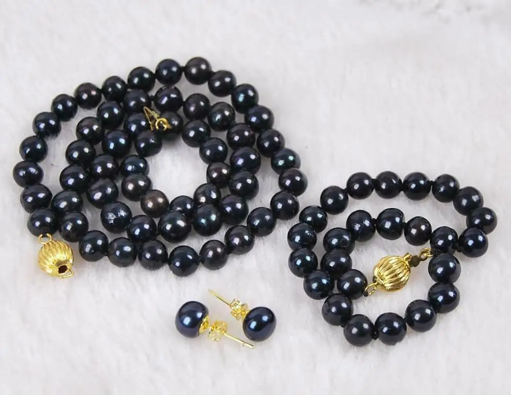 

8-9mm Genuine Black Akoya Cultured Pearl Necklace 18" Bracelet 7.5" Earrings