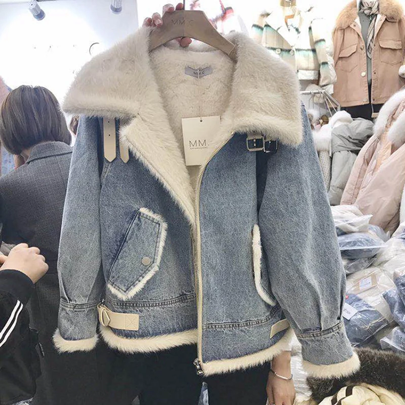 Женская зимняя куртка с подкладкой из искусственного меха, джинсовая куртка с отложным воротником, верхняя одежда, пальто, базовые куртки, ж... от AliExpress RU&CIS NEW