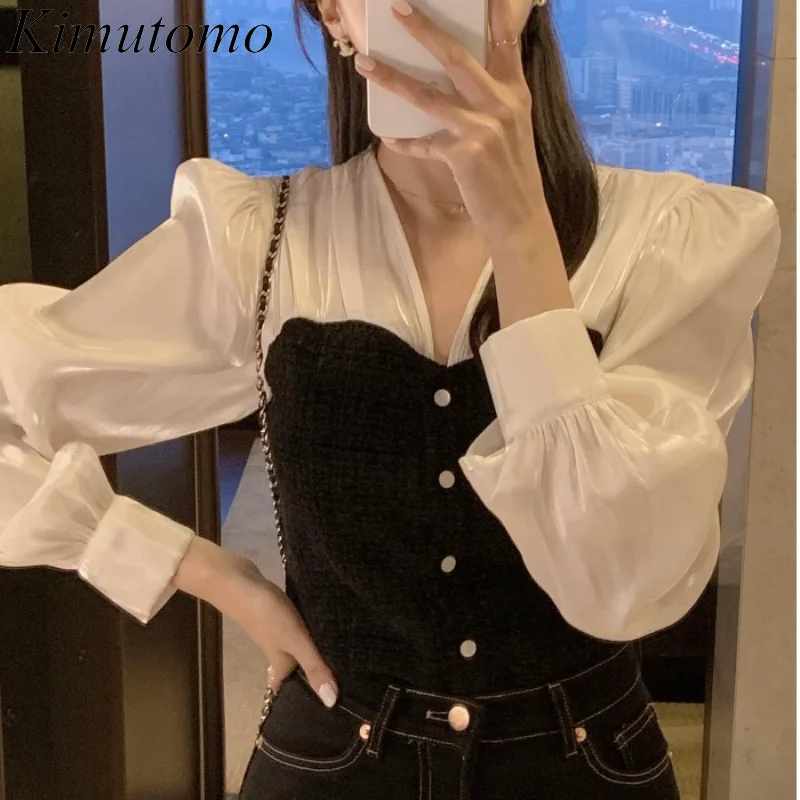 

Рубашка Kimutomo женская с V-образным вырезом, шикарная блузка из двух предметов с пышными рукавами, блестящая строчка, во французском стиле, вес...