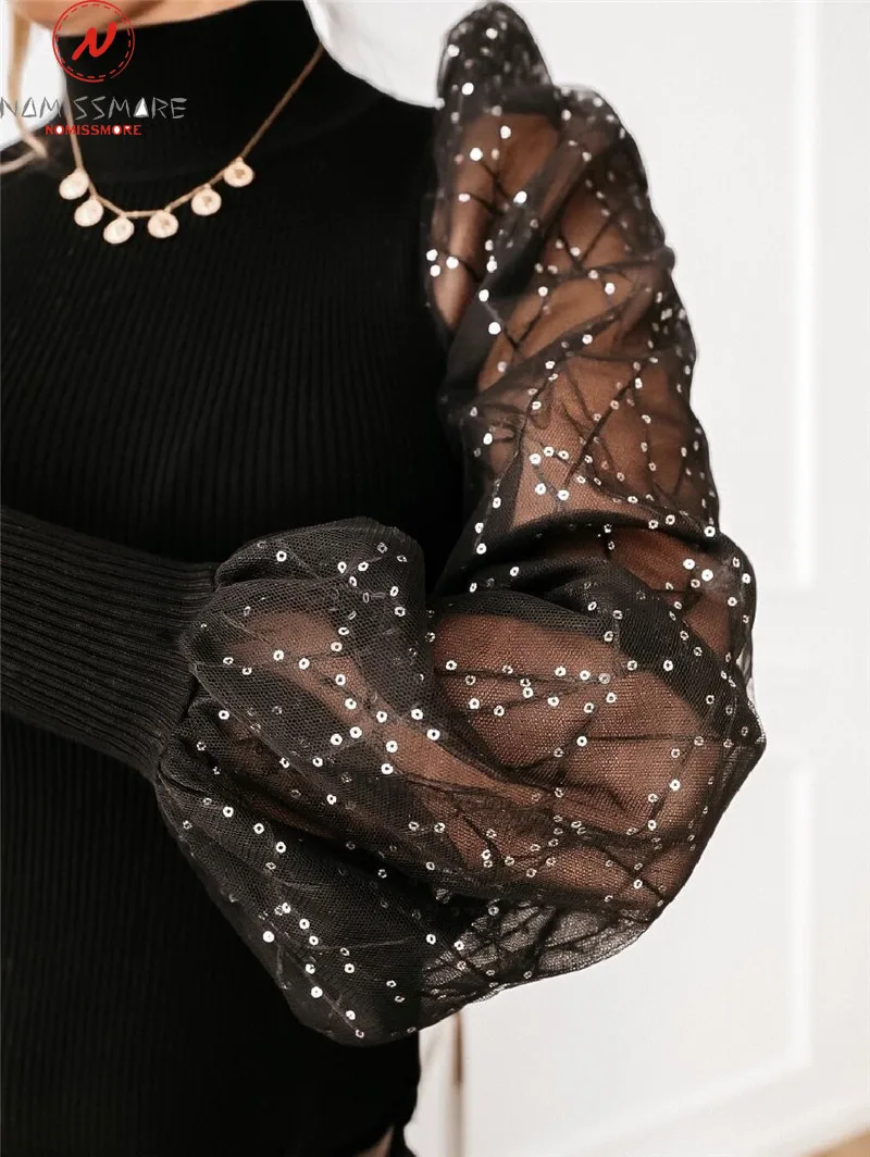 Модные женские футболки Осень зима сетчатые Лоскутные дизайнерские блестящие