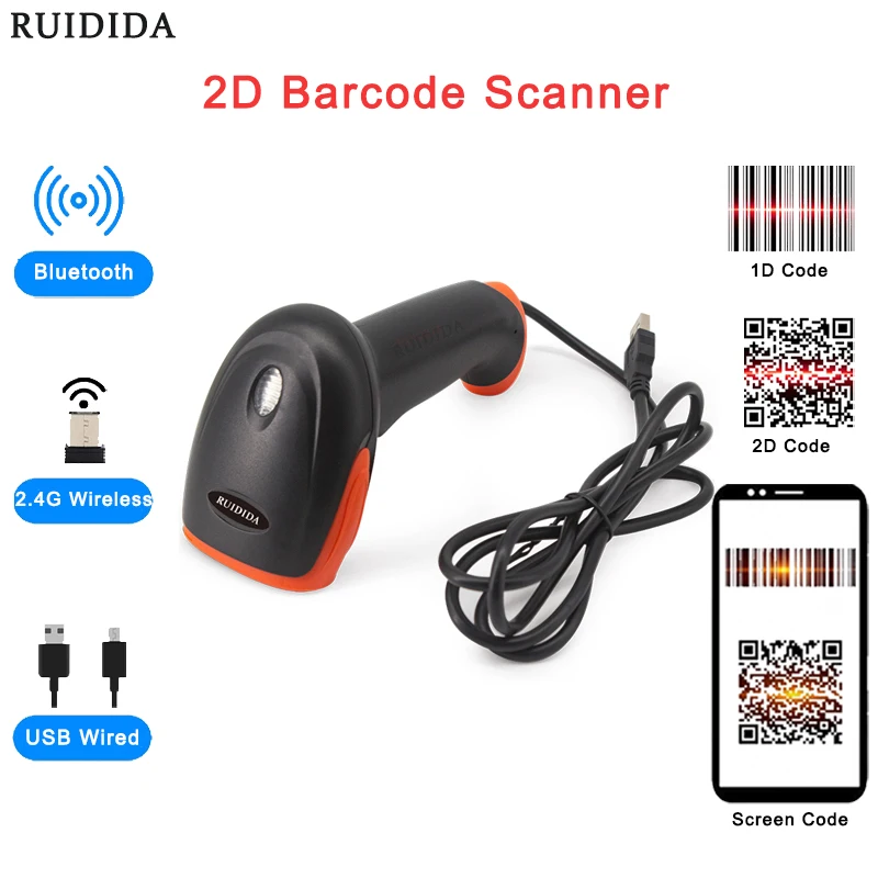 

1D 2D Barcode Scanner Bluetooth 2.4G Wireless USB Wired Handheld Portable Barcode Reader Scan Pen QR Code PDF417 DataMatrix