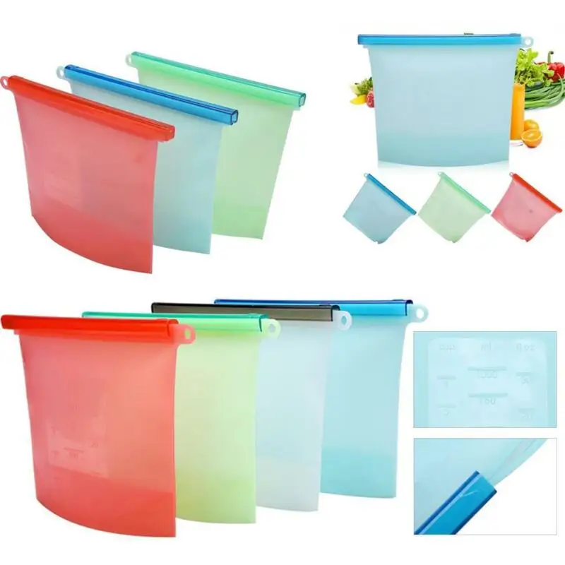 

1000ml Reusable Silicone Food Grade Storage Bag Lunch Sandwich Snack Liquid Lunch Fruit Freezer Zip Seal Bags 4 Colors