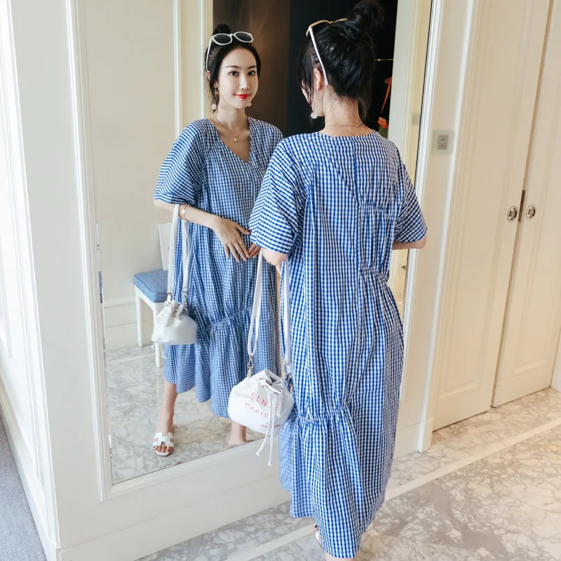 2019 New Brand Summer Maternity Dress Woman Cute Plaid Large Size Dresses Pregnant MD-01804 | Мать и ребенок