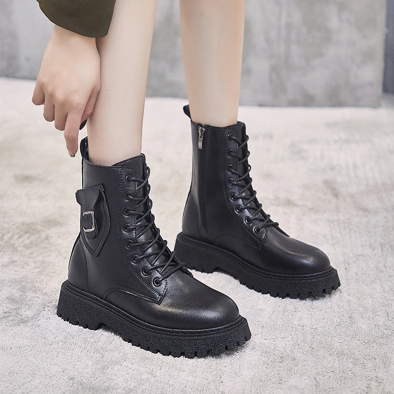 

Autumn New Women's Martin Boots Solid Color Metal Decoration SquareHeel Round Toe BootsOutdoor Comfortable Non-slip Casual Boots