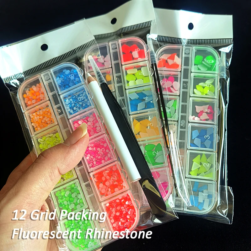 

New12 Grid box Fluorescent Mix color Nail Art Rhinestone for Nails Glitter DIY Manicure Accessories