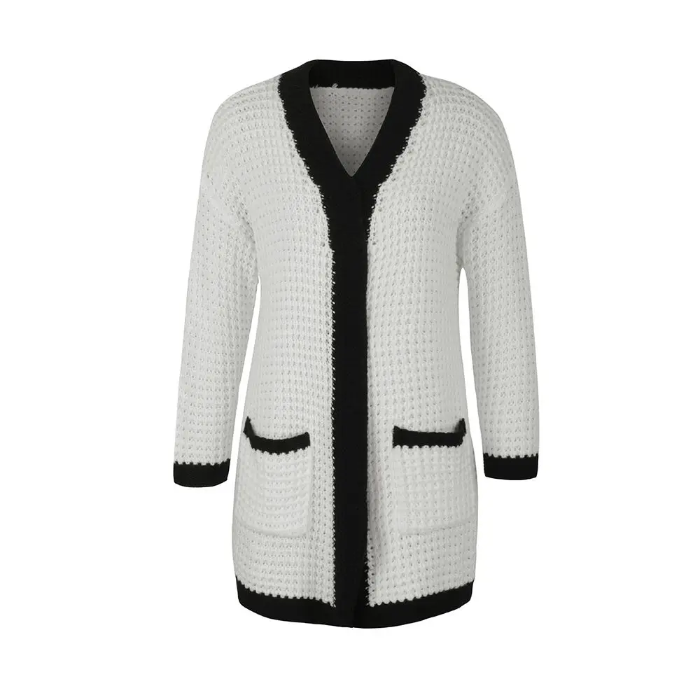 

2020 New Women Knitted Sweater Coarse Crocheted Striped Cardigan Big Pocket Chic Coat Christmas Party Casual Knitting Sweaters