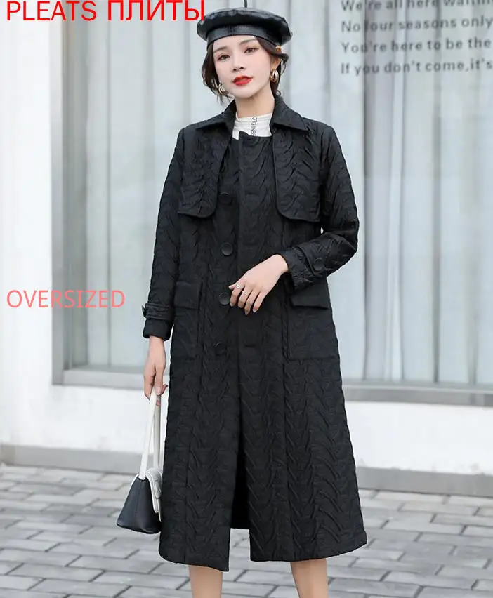 

New Female Autumn and Winter Lapel Single-breasted Temperament Waist Show Thin Long Sleeve Coat Loose Cotton-padded Trench Coat