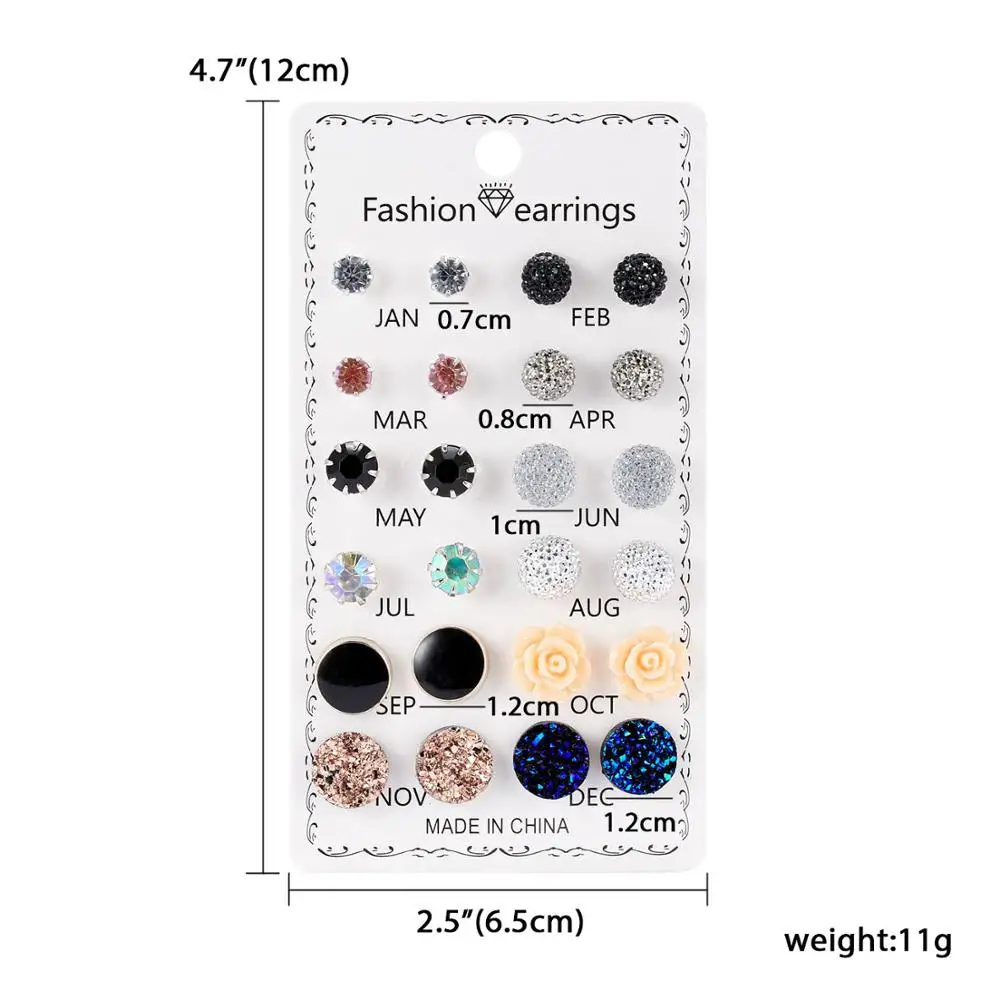 12 пар/уп. Модные женские круглые сияющие хрустальные стразы серьги гвоздики с