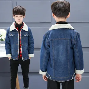 Джинсовое пальто для мальчиков, зимняя плотная теплая куртка, Детская меховая верхняя одежда, детские повседневные однотонные джинсы, пальто для подростков