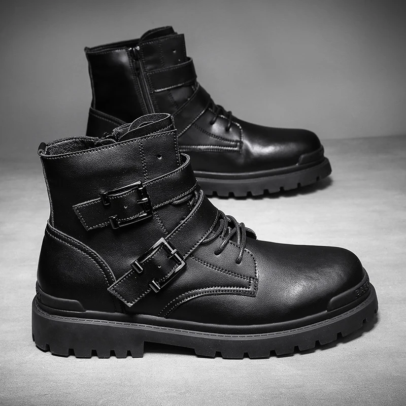 

CYYTL Buckle Design Men's Winter Casual Suede Leather Short Boots Warm Ankle Tooling Non-Slip High Top Hiking Botas Masculinas