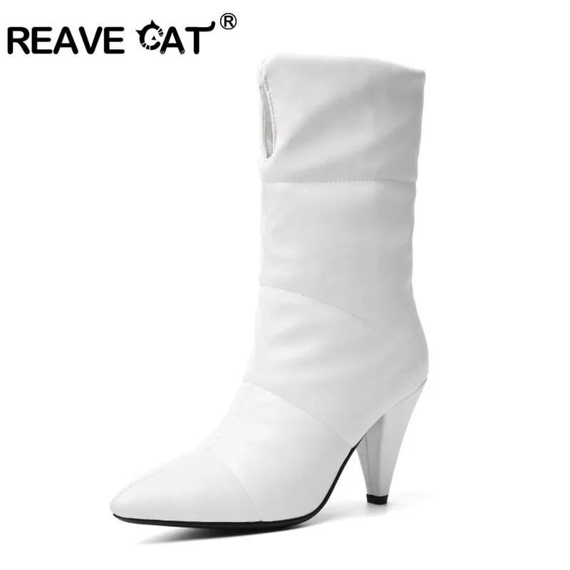 Женские ботильоны с острым носком REAVE CAT Зимние полусапожки на необычном высоком
