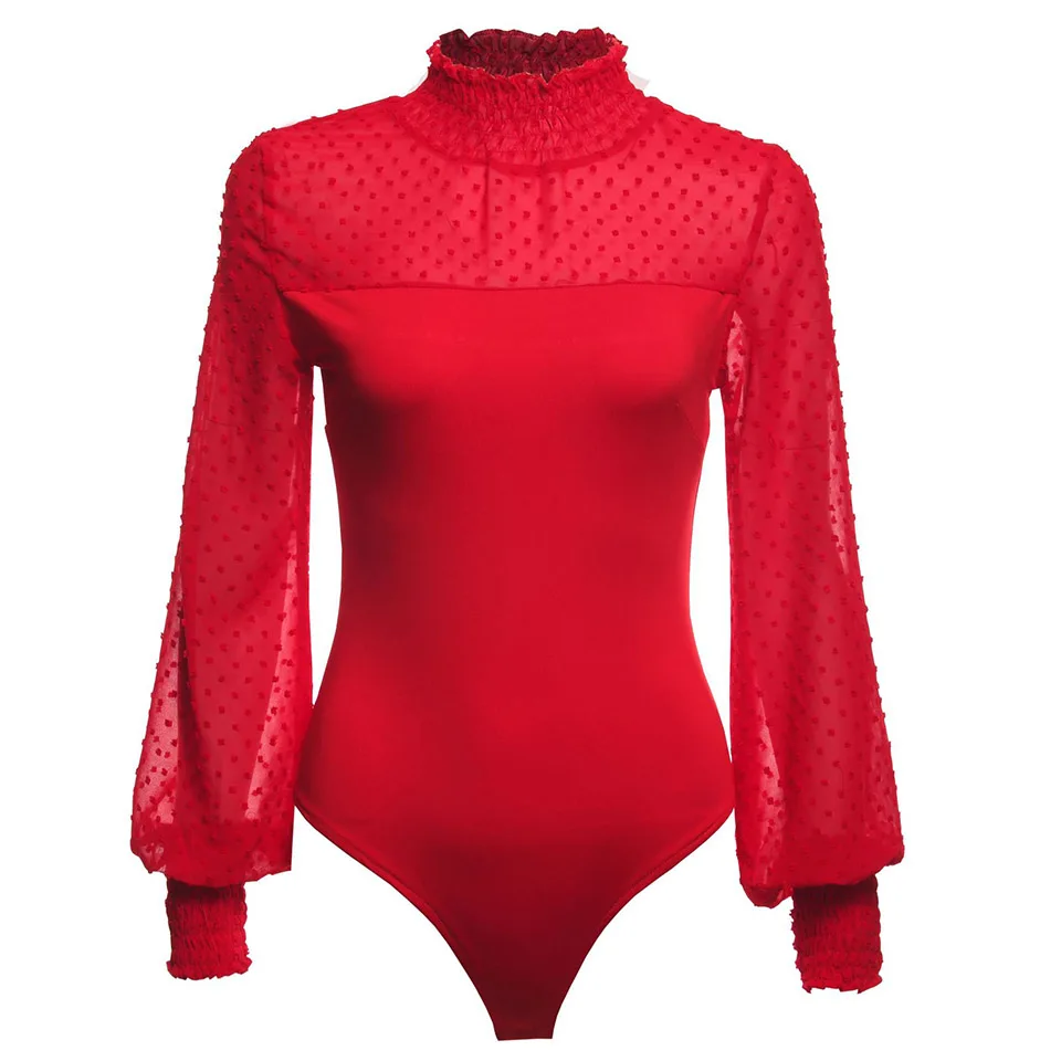 

Sexy Mesh Patchwork Bodysuit Long Sleeve Polka Dot Thong Bodysuit Women Mock Neck Pleated Ladies Jumpsuits Elegant 2020 Office