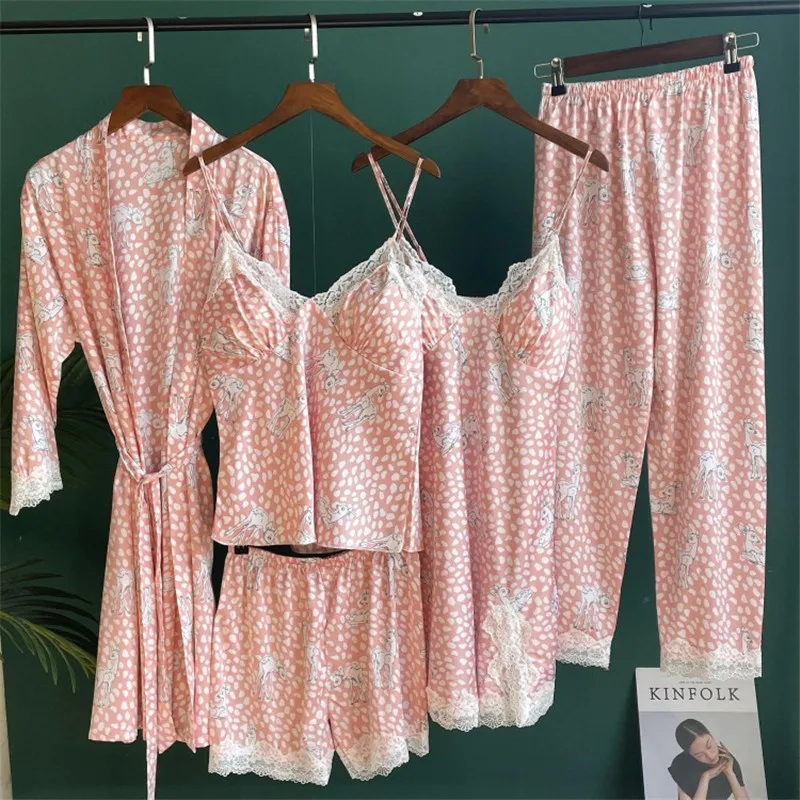 Spring Women Sexy Lace Trim Dot Deer Printed Satin 5Pcs Pajamas Gown Set V-Neck Cami Nighties Pijama Home Nightwear Nightdress
Spring Women Sexy Lace Trim Dot Deer Printed Satin 5Pcs Pajamas Gown Set V-Neck Cami Nighties Pijama Home Nightwear Nightdress