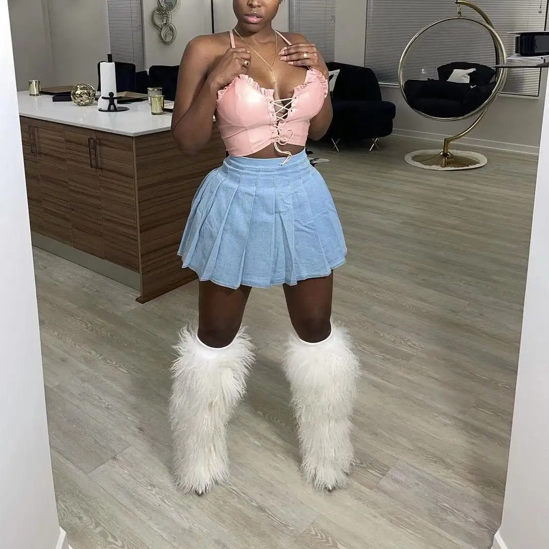 

Summer Blue Denim Pleated Skirt Women High Waist Sexy College Style Street Party Slim Wrap Mini Skirt Girl Fashion Casual 3XL