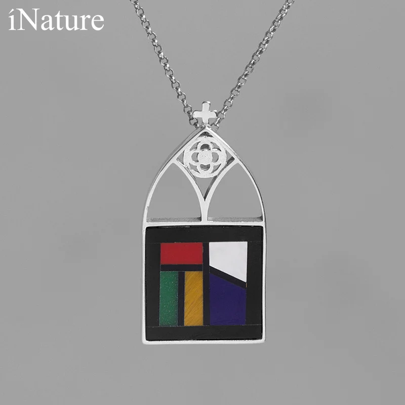 

INATURE Colorful Light 925 Sterling Silver Natural Stone Religious Cross Pendant Necklace For Women Jewelry Gift