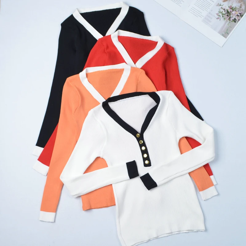 

Autumn Winter Casual Chic Warm Sweater Pullovers Women Long Sleeve Patchwork V-neck Slim Sexy Sweaters Female Soft Jumper Top