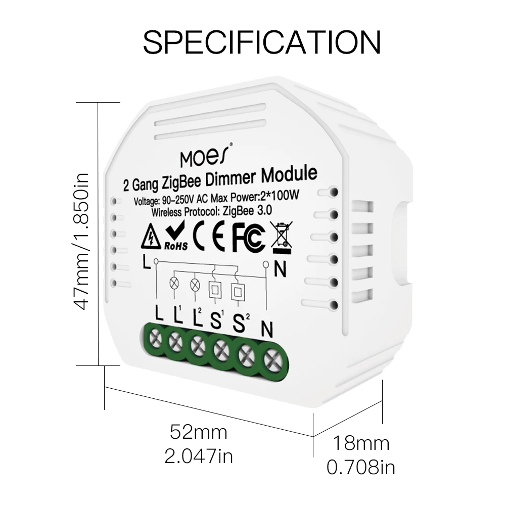 

MoesHouse Mini DIY Tuya ZigBee Smart 2/Gang Light Dimmer Switch Module Hub Required Smart Life Alexa Google Home Voice Control