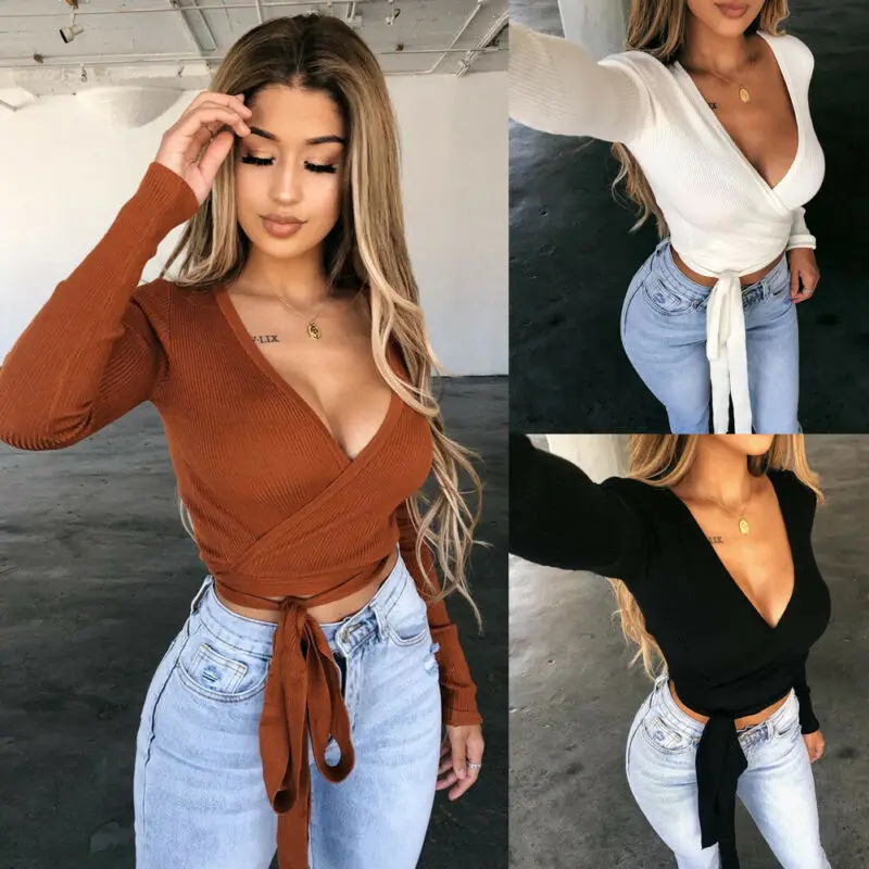 Женские топы с длинным рукавом Bebe Глубокий V Крест сплошной цвет Талия облегающие