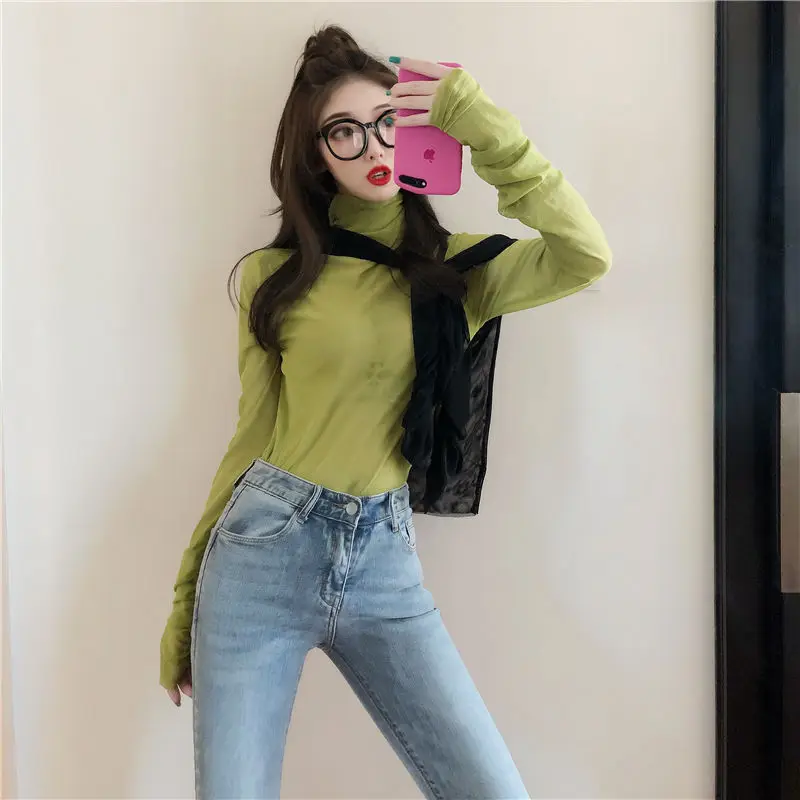 Футболка женская прозрачная сетчатая с длинным рукавом и воротником-хомутом |