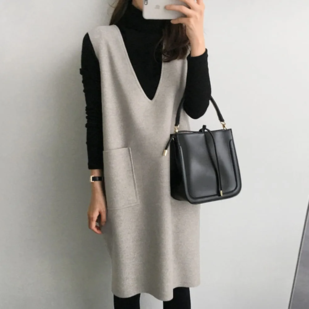 Комплект из двух предметов осенне зимний теплый однотонный Длинный жилет платье