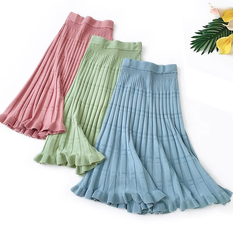 Осенние вязанные длинные юбки трапециевидной формы с эластичным поясом