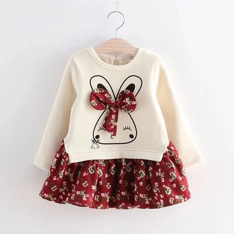 

Girls Dress Spring Autumn Flower Stitching Princess Dress Toddler Girl Dress Cute Rabbit Bow Children Dress