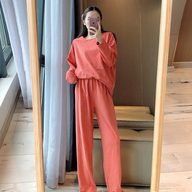 

Home Service Suit 2021 New Fall Winter Two Piece Set Loose Outfits Pajamas Polka Dot Stars Print Kawaii Pyjama Femme