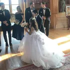 Кружевное платье для девочки, официальное белое платье с цветами, на свадьбу, со шлейфом, ручной работы, для детского дня рождения, для первого причастия