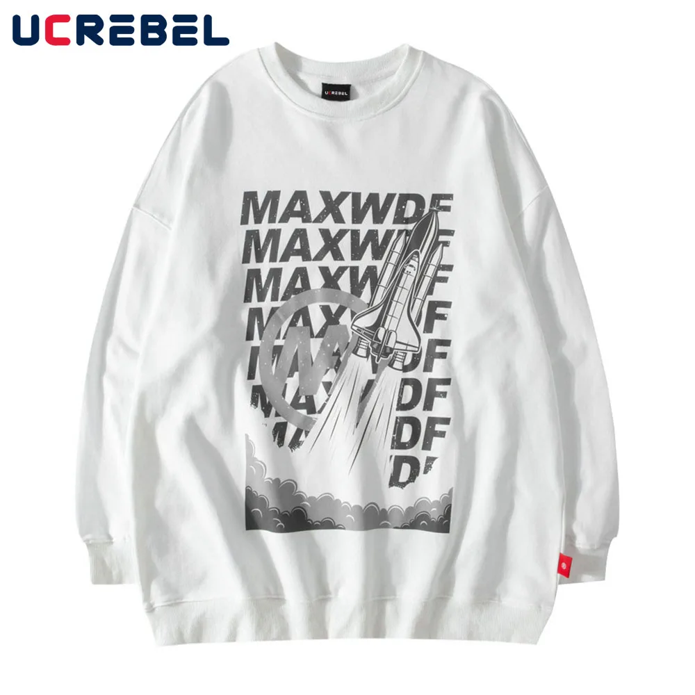 

Letter Rocket Print Sweatshirts Mens Autumn Streetwear Casual Loose Crew Neck Long Sleeve Pullover Men