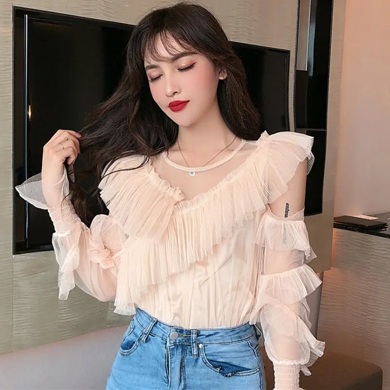 YoungGee женская блузка сексуальная с открытыми плечами сетчатая рубашка модная