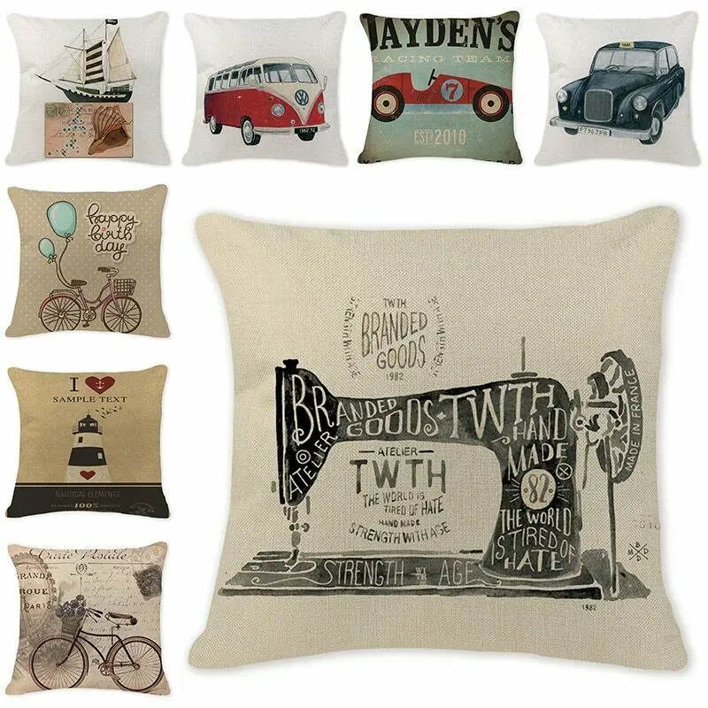 

Vintage Traffic Life Printing Cushion Cover Cartoon Airplane Bicycle Home Living