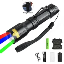 4in1 Tactical Zoomable LED Flashlight Red/Green/Blue/White light Torch Outdoor FLight Waterproof with 18650 Battery Charger