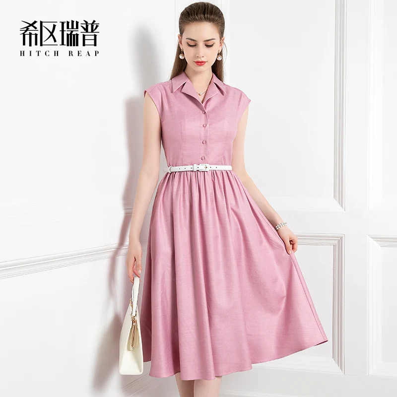 

High End French Shirt Dress Women's 2021 New Summer Retro Style Suit Collar Big Swing Umbrella Skirt