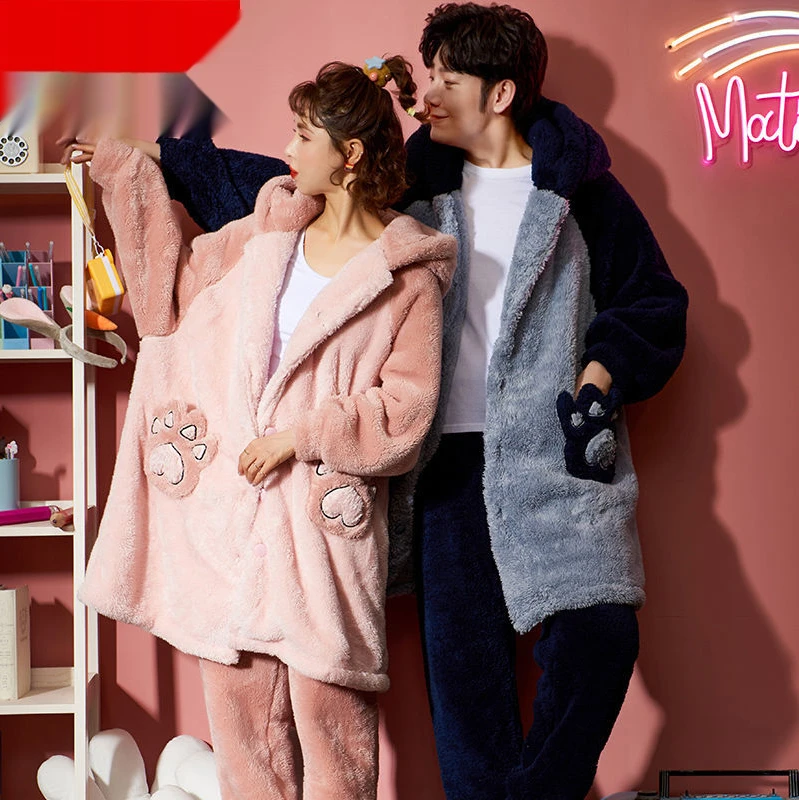 Facecloth Robe Men's Winter Flannel Thickened Women's Long Paragraph Couples Bathrobe Coral Velvet Three Layers of Cotton