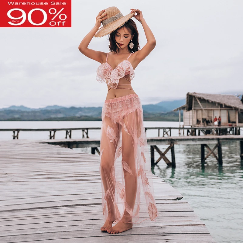 Купальник женский купальник 2020 розовый кружевной бандаж оборки бикини набор