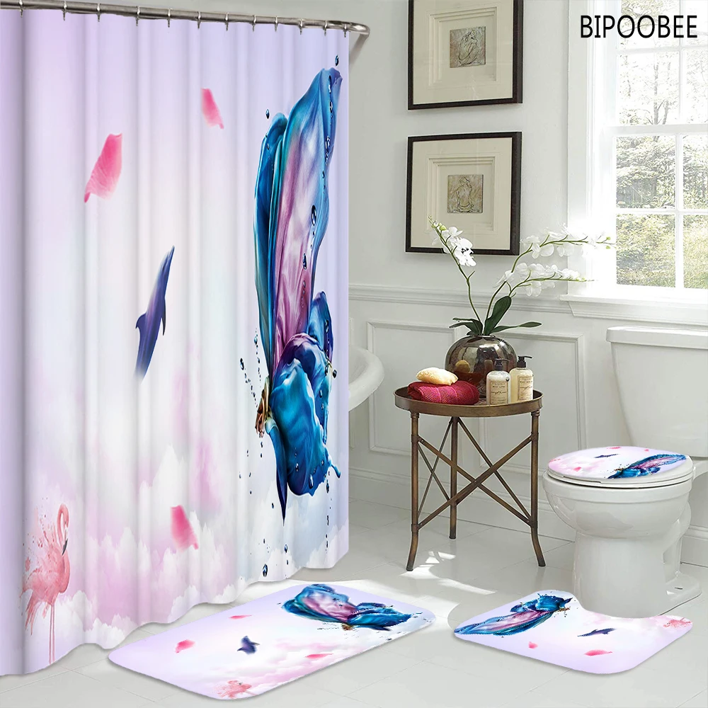 

High Quality 3D Fabric Shower Curtain Romantic Bathroom Curtains Set Flannel Toilet Cover Non-slip Mat Bath Rugs Home Decor